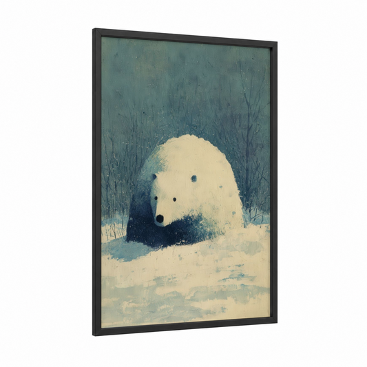 Snowy Polar Bear framed art print — black wood frame — white and blue and gray palette