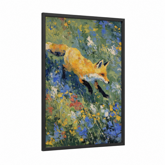 Wildflower Fox framed art print — black wood frame — yellow gold and green palette