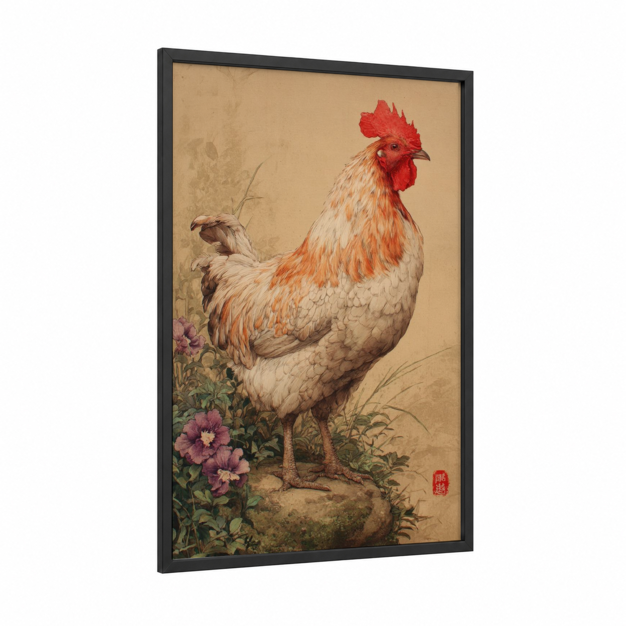 Crimson Rooster framed chicken and roosters print — black wood frame — russet and cream palette