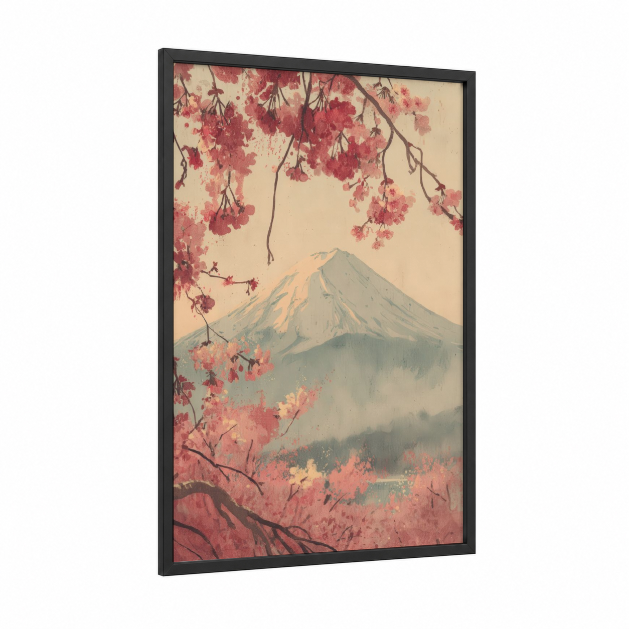 Cherry Blossom Fuji framed mount fuji print — black wood frame — rose gold and cream palette