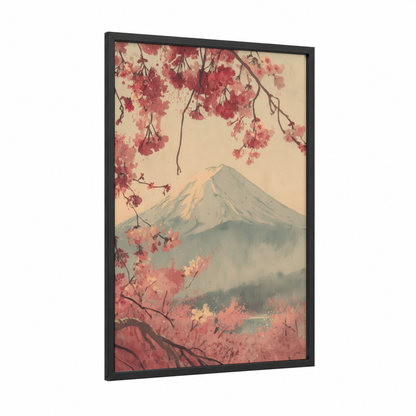 Cherry Blossom Fuji framed mount fuji print — black wood frame — rose gold and cream palette