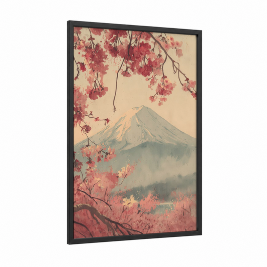 Cherry Blossom Fuji framed mount fuji print — black wood frame — rose gold and cream palette