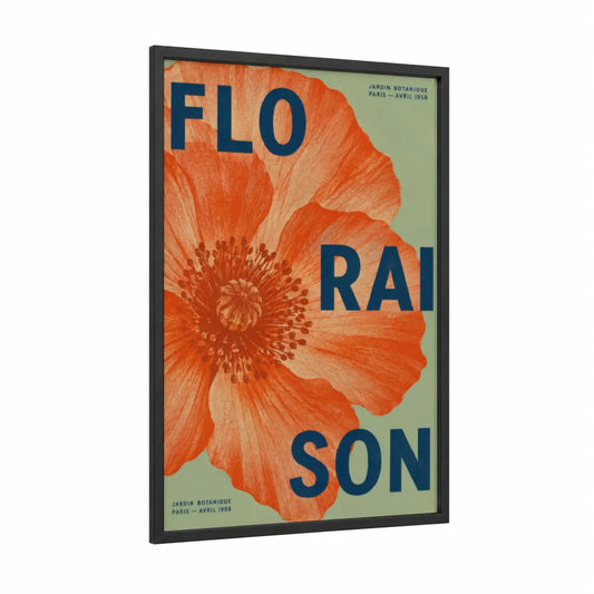 Vintage Poppy Botanical Wall Art framed poppies print — black wood frame — orange and sage green palette