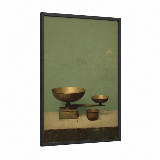 Vintage Kitchen Scale framed kitchen utensils print — black wood frame — sage green and gold palette