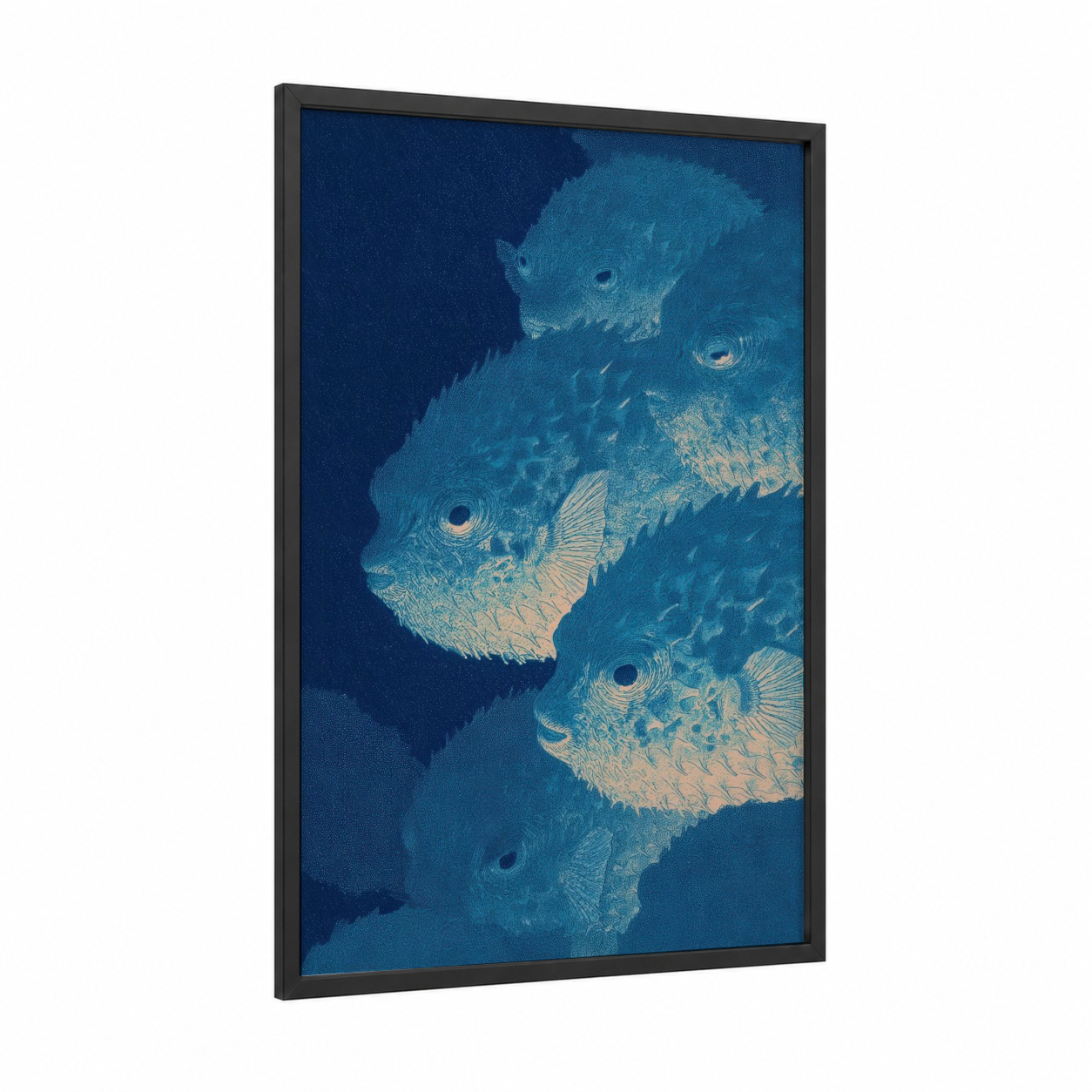 Deep Blue Puffers framed puffer fish print — black wood frame — teal and dark blue palette