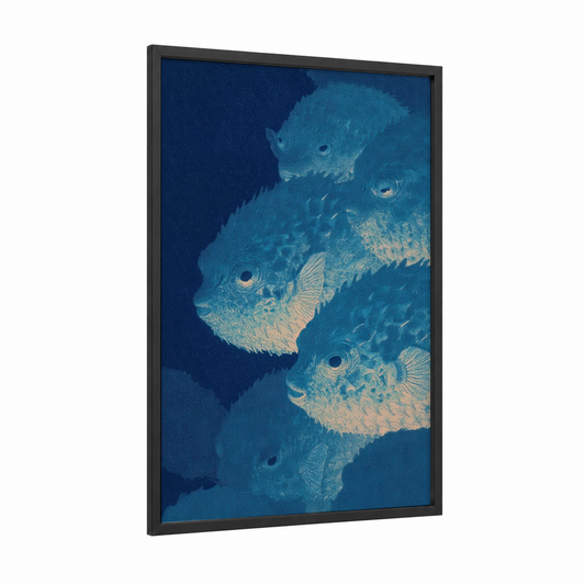 Deep Blue Puffers framed puffer fish print — black wood frame — teal and dark blue palette