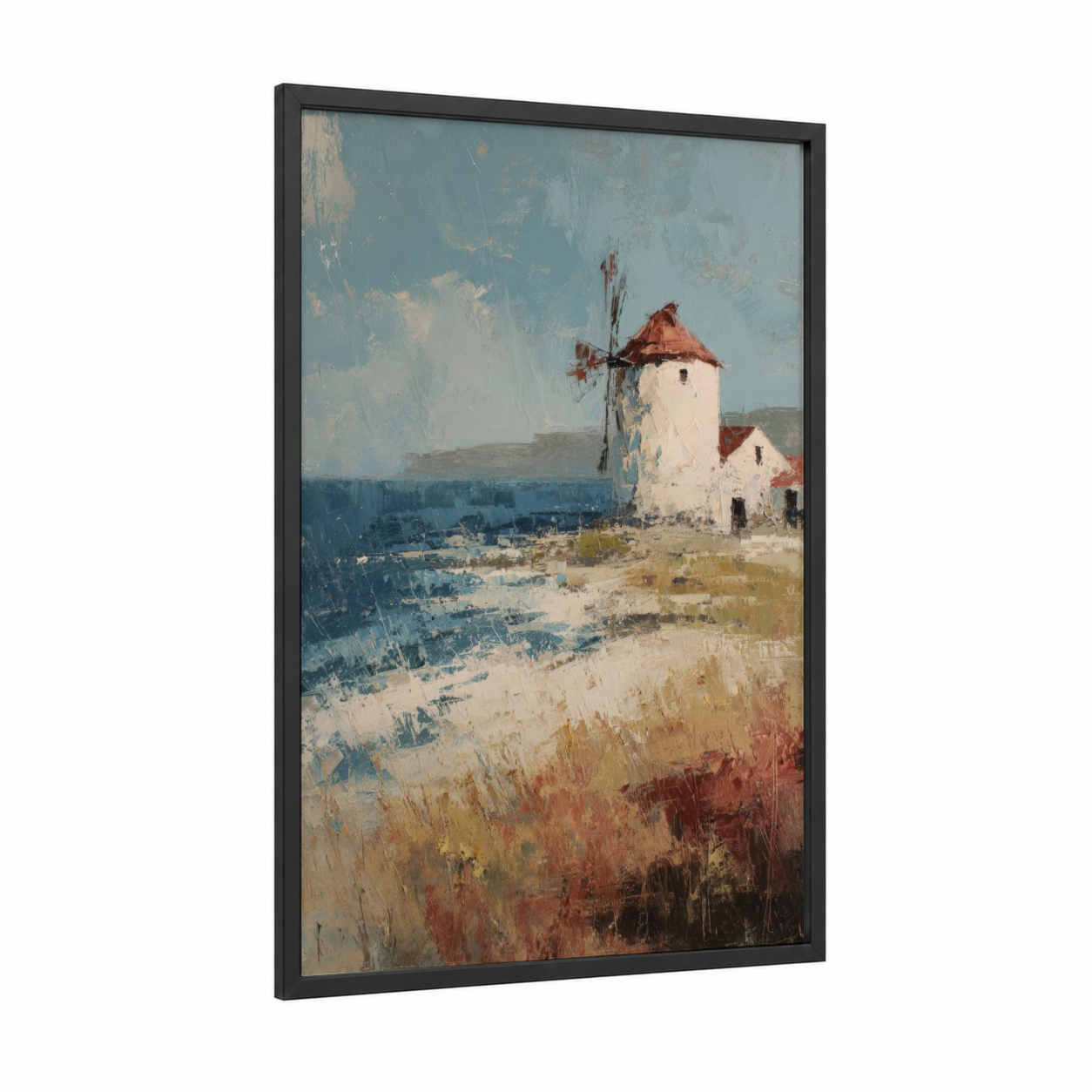 Coastal Windmill framed windmills print — black wood frame — blue and russet palette
