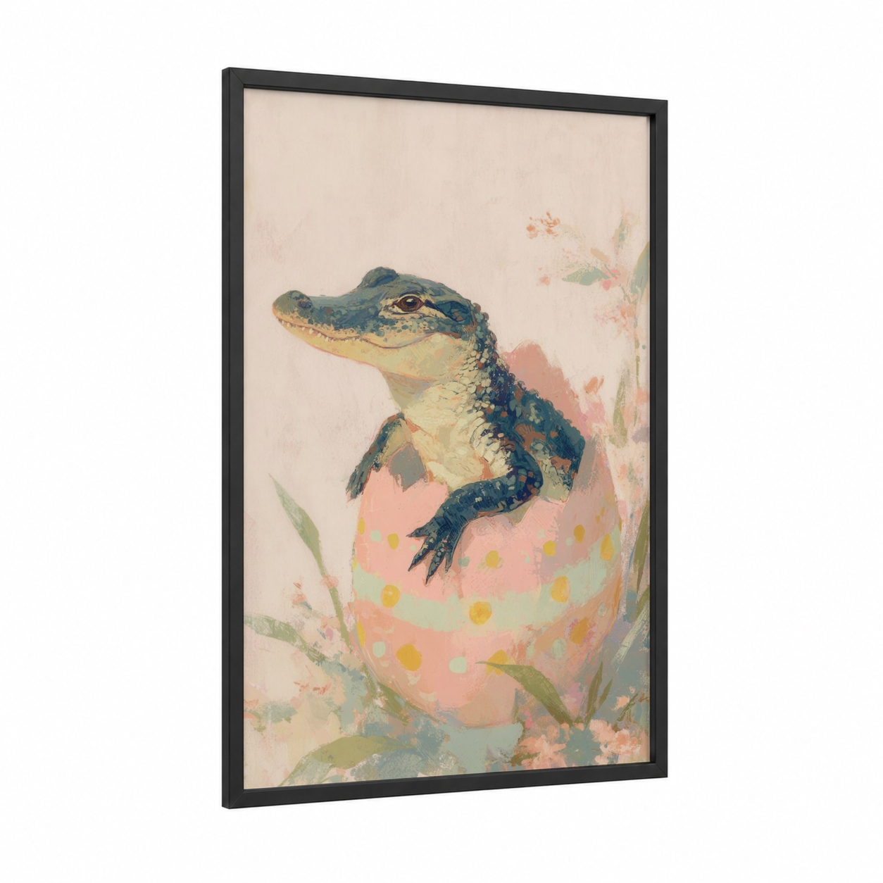 Hatching Alligator framed art print — black wood frame — peach and sage green palette