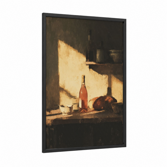 Golden Hour Wine framed rose wine print — black wood frame — gold and brown palette