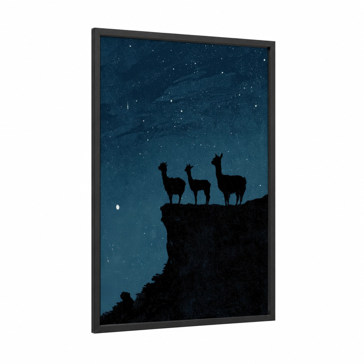 Starlit Alpacas framed art print — black wood frame — dark blue and white palette
