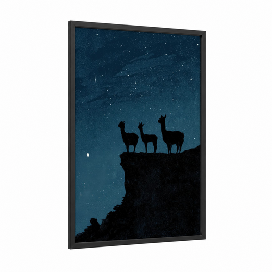 Starlit Alpacas framed art print — black wood frame — dark blue and white palette