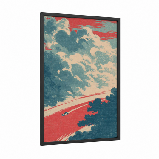Crimson Speed Dream framed auto racing print — black wood frame — red and teal palette