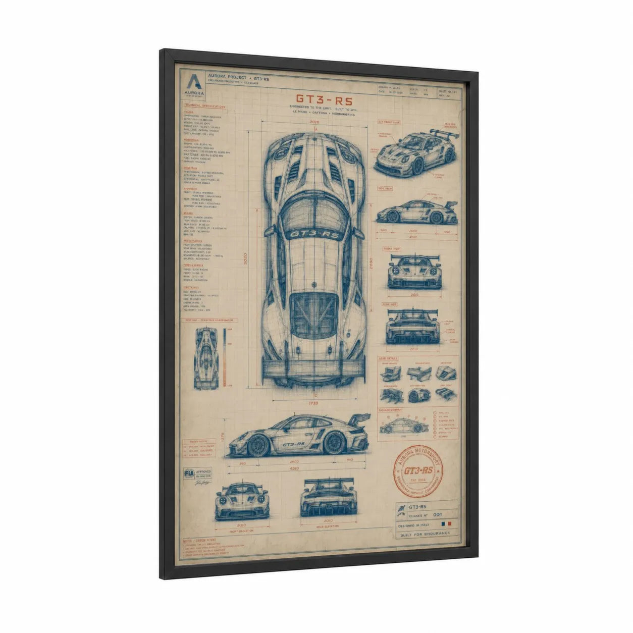 GT3 RS Blueprint Schematic Wall Art framed sports car print — black wood frame — blue and beige palette
