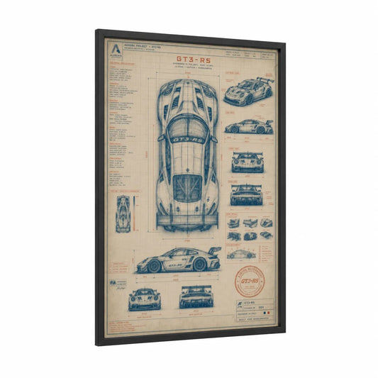 GT3 RS Blueprint Schematic Wall Art framed sports car print — black wood frame — blue and beige palette