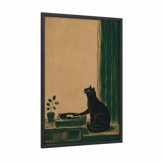 Black Cat With Vintage Record Player Wall Art framed art print — black wood frame — dark green and beige palette