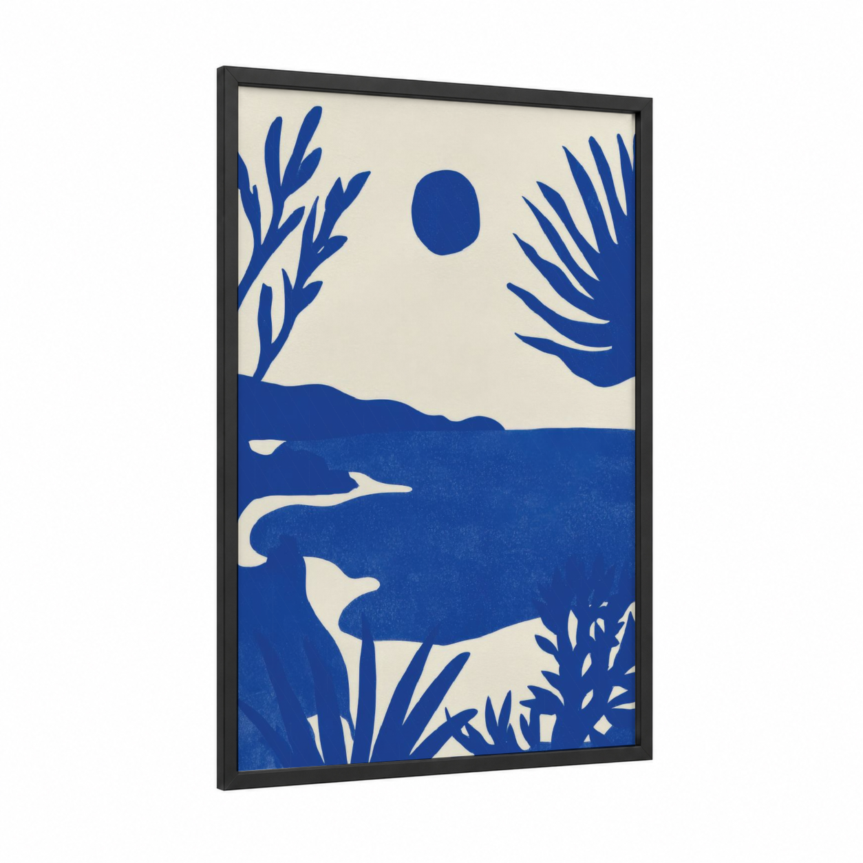 Serene Ocean Landscape framed seascapes and ocean print — black wood frame — blue and cream palette