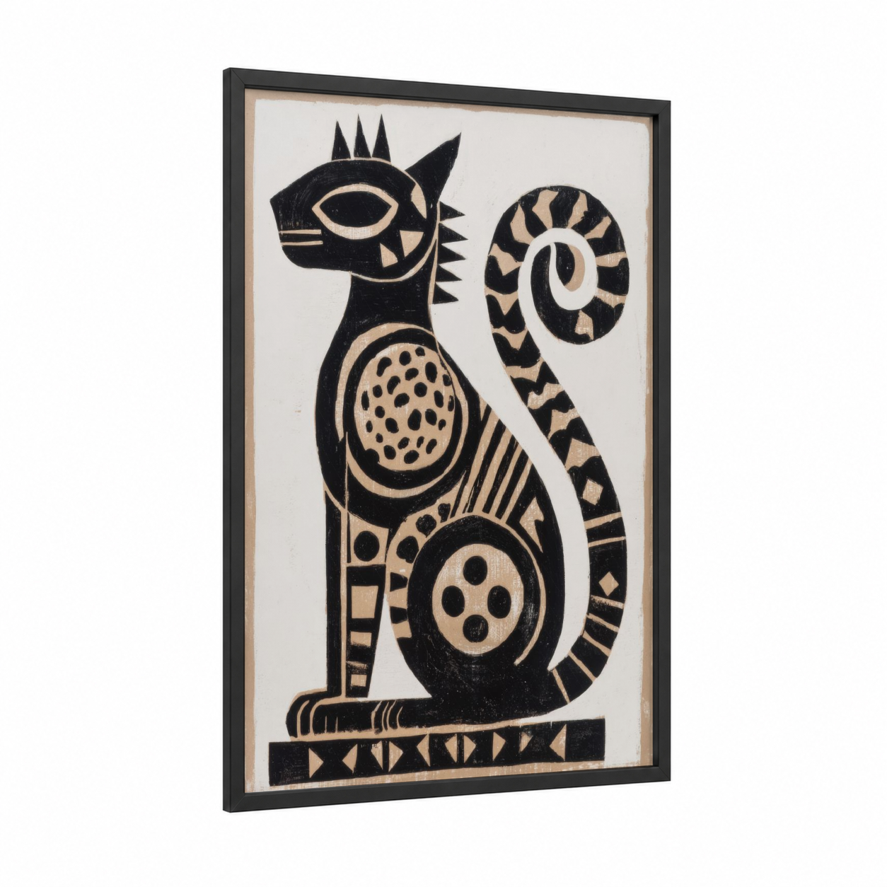 Mystical Dragon Guardian framed abstract traditional print — black wood frame — black and cream palette
