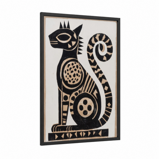 Mystical Dragon Guardian framed abstract traditional print — black wood frame — black and cream palette