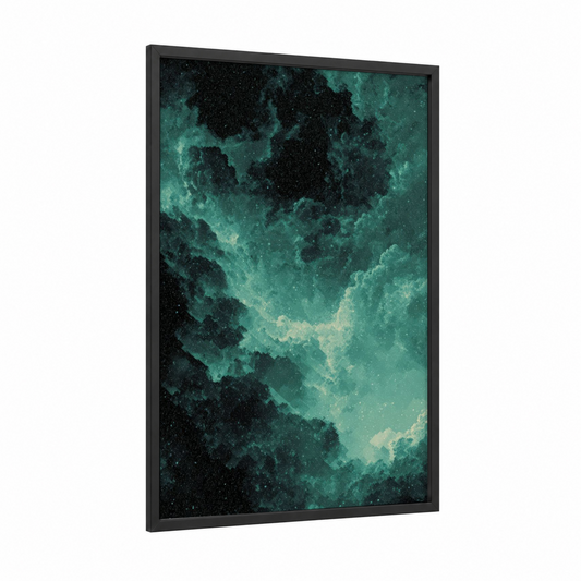 Emerald Nebula framed art print — black wood frame — teal and black palette