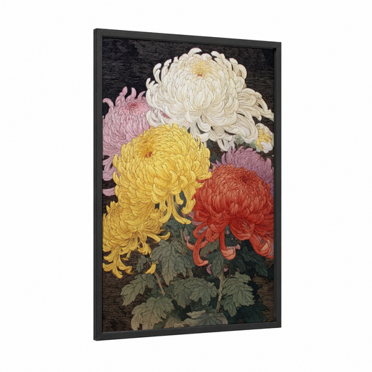 Layered Chrysanthemums framed art print — black wood frame — gold and pink palette