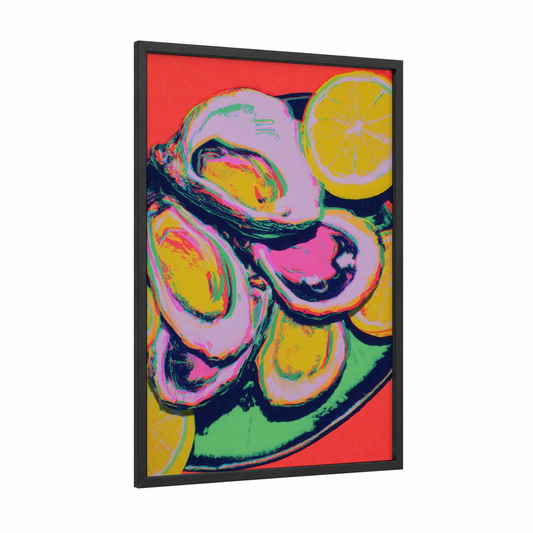 Neon Oyster Stack framed art print — black wood frame — magenta and yellow gold palette