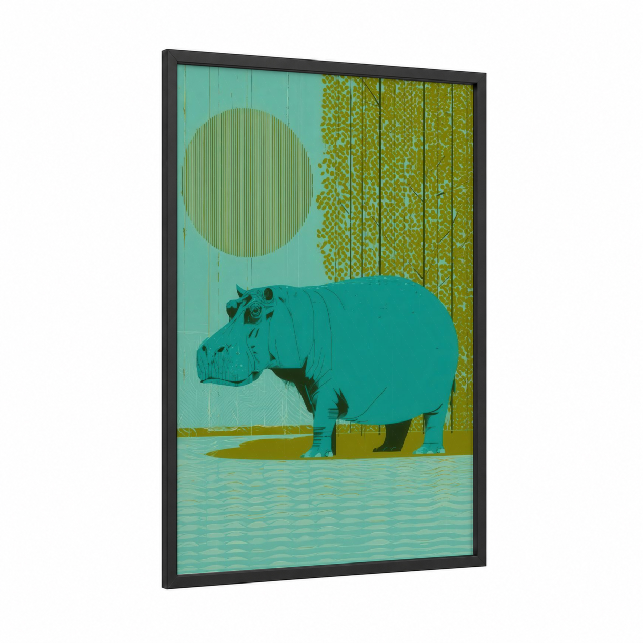 Turquoise Hippo framed art print — black wood frame — teal and mustard palette