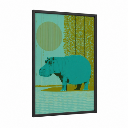 Turquoise Hippo framed art print — black wood frame — teal and mustard palette