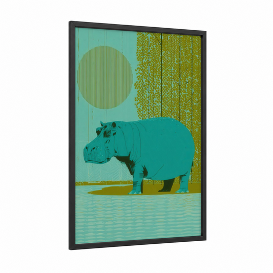 Turquoise Hippo framed art print — black wood frame — teal and mustard palette