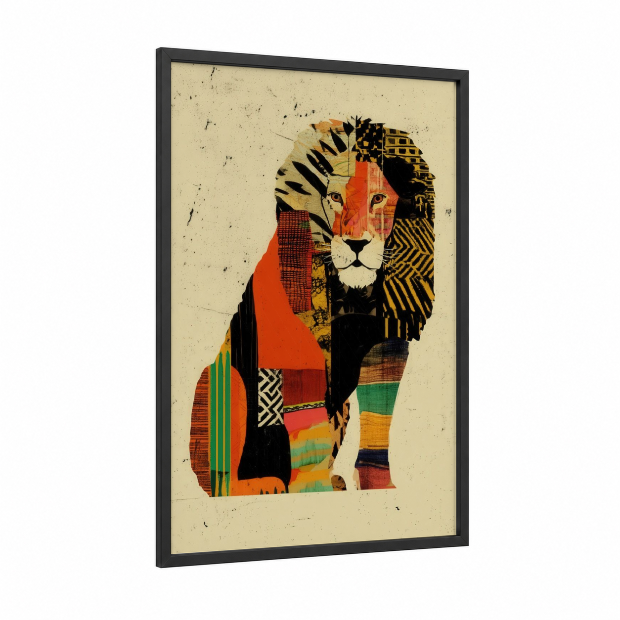 Colorful Lion framed art print — black wood frame — orange and gold palette