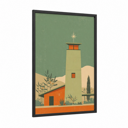 Desert Lighthouse framed towers print — black wood frame — sage green and orange palette