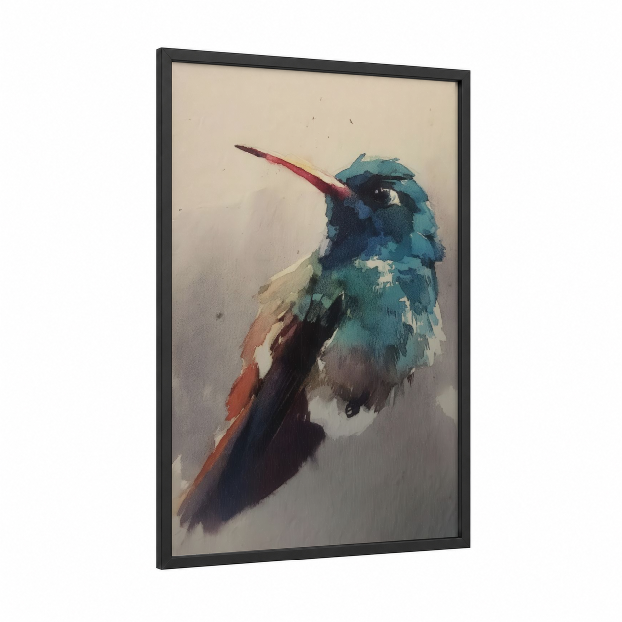 Turquoise Hummingbird framed art print — black wood frame — teal and rose gold palette