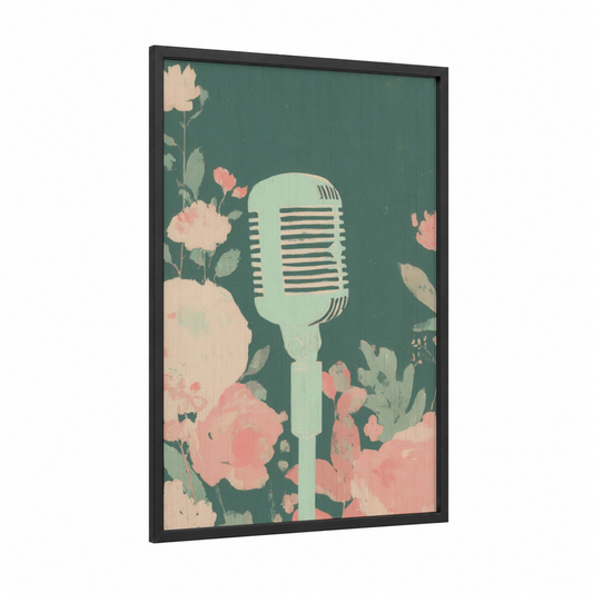 Vintage Microphone framed art print — black wood frame — teal and salmon pink palette