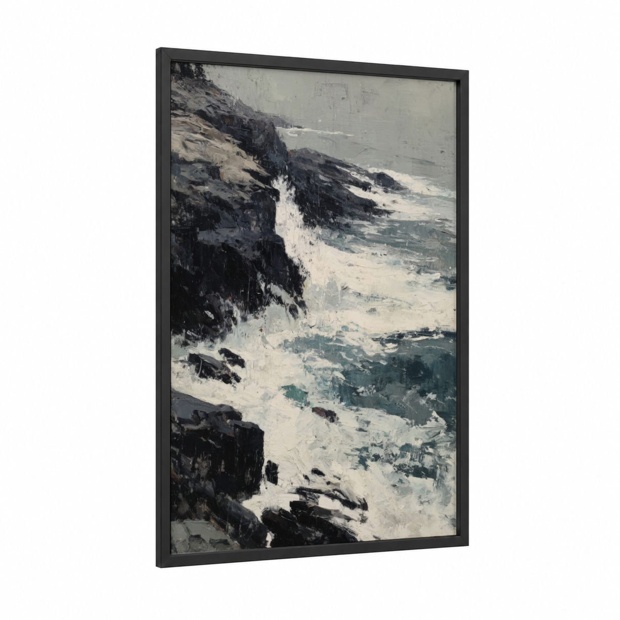 Coastal Cliff Drama framed seascapes and ocean print — black wood frame — black and white and gray palette