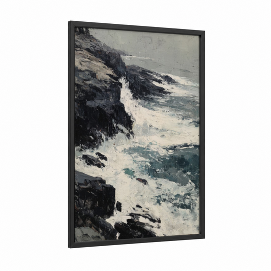 Coastal Cliff Drama framed seascapes and ocean print — black wood frame — black and white and gray palette