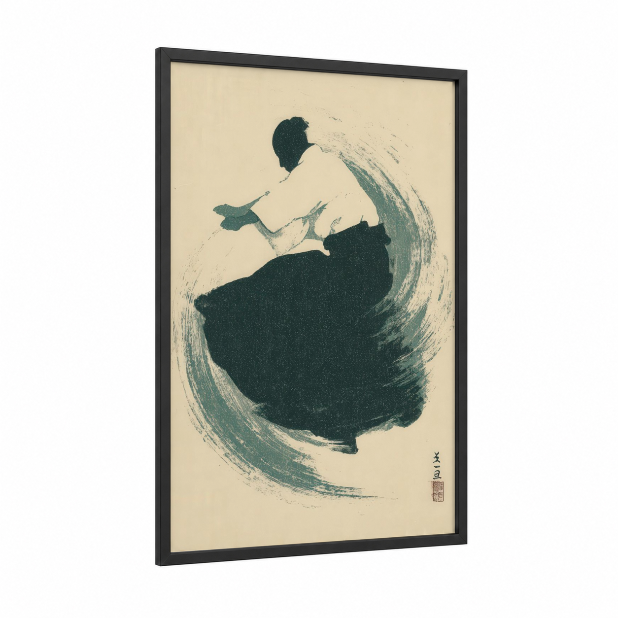 Flowing Judoka framed jiu jutsu print — black wood frame — teal and cream palette