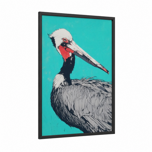 Turquoise Pelican framed art print — black wood frame — turquoise and black and white palette