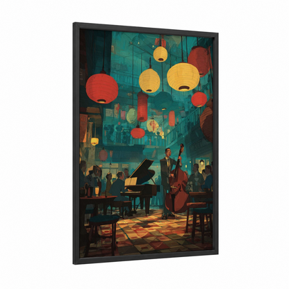 Lantern Jazz Ensemble framed musician print — black wood frame — teal and gold palette