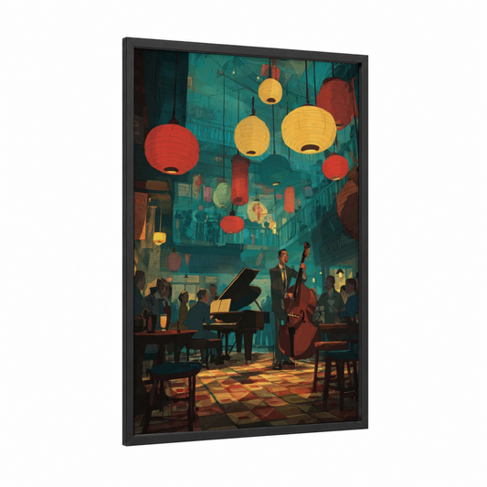 Lantern Jazz Ensemble framed musician print — black wood frame — teal and gold palette