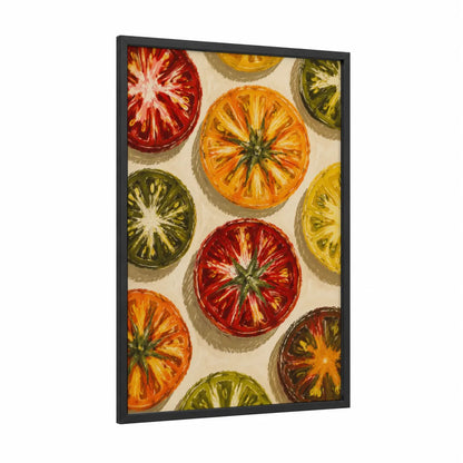 Heirloom Tomato Slices Kitchen Wall Art framed fruit print — black wood frame — orange and yellow palette