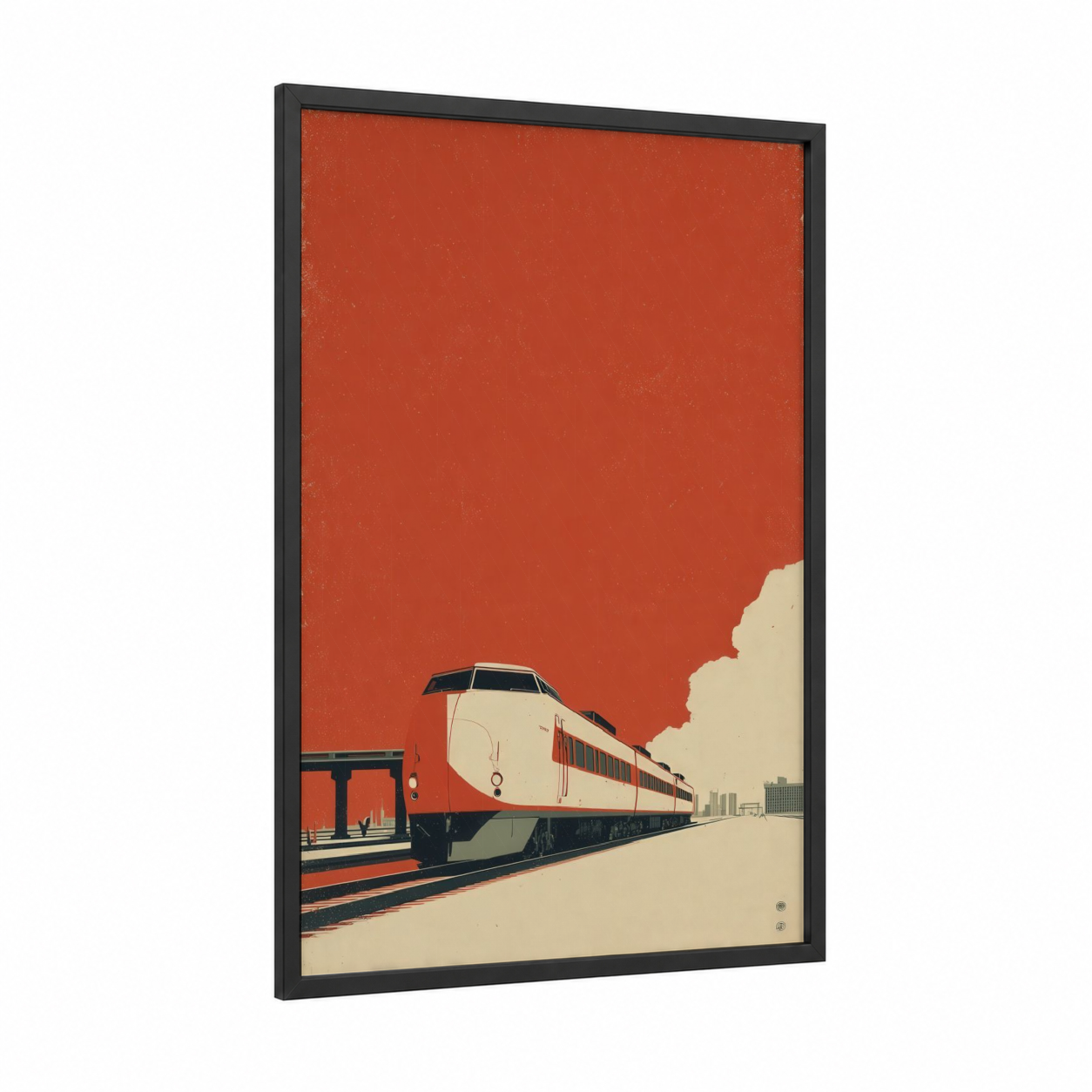 Vintage Express Train framed art print — black wood frame — red and cream palette