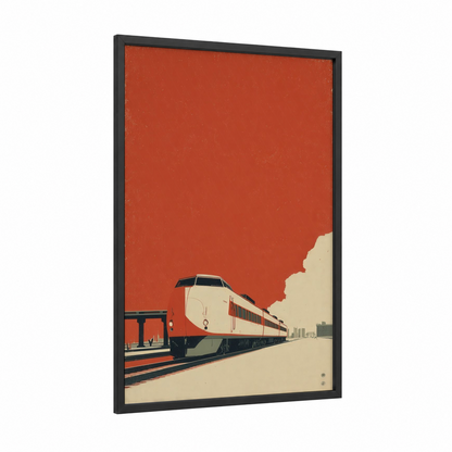 Vintage Express Train framed art print — black wood frame — red and cream palette