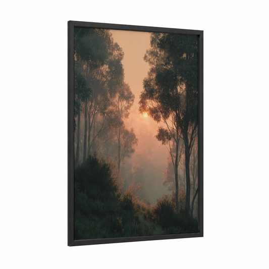 Golden Eucalyptus Dawn framed eucalyptus forest print — black wood frame — gold and gray palette