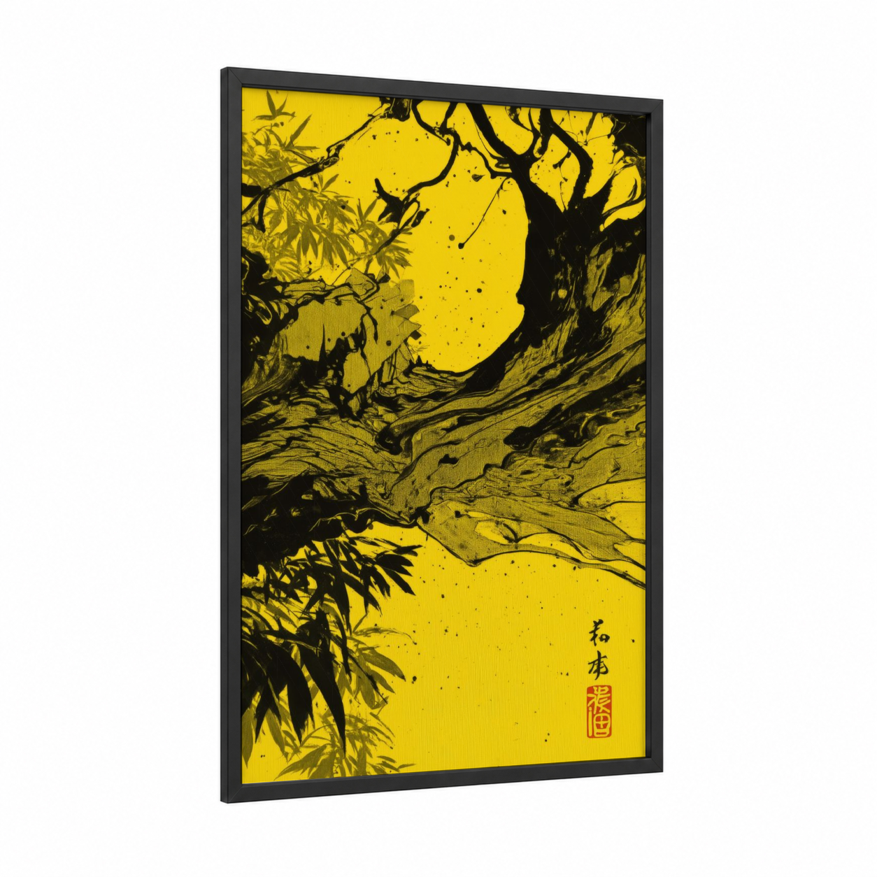 Golden Tree Silhouette framed abstract classic print — black wood frame — yellow gold and black palette