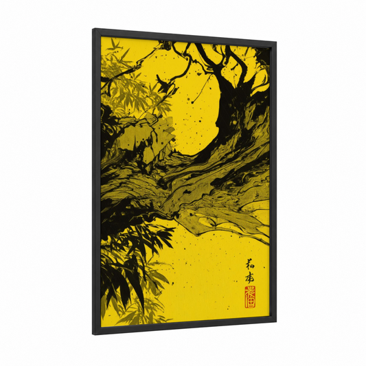 Golden Tree Silhouette framed abstract classic print — black wood frame — yellow gold and black palette