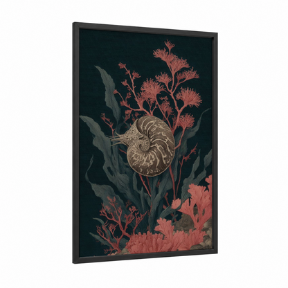 Nautilus Garden framed art print — black wood frame — dark blue and salmon pink palette