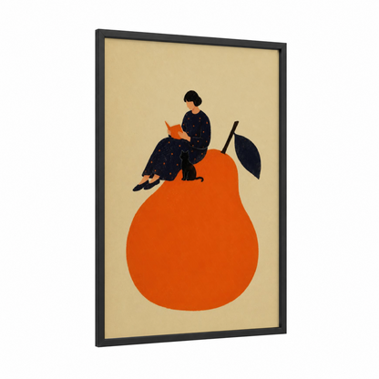 Woman Reading on Pear Wall Art framed cat print — black wood frame — orange and beige palette