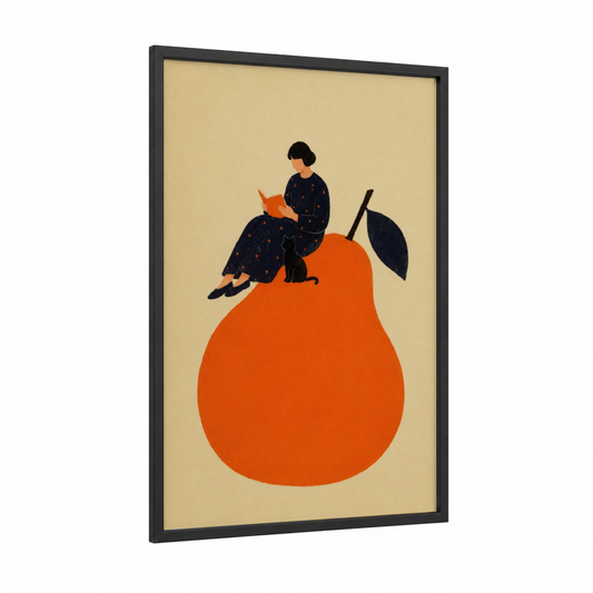 Woman Reading on Pear Wall Art framed cat print — black wood frame — orange and beige palette