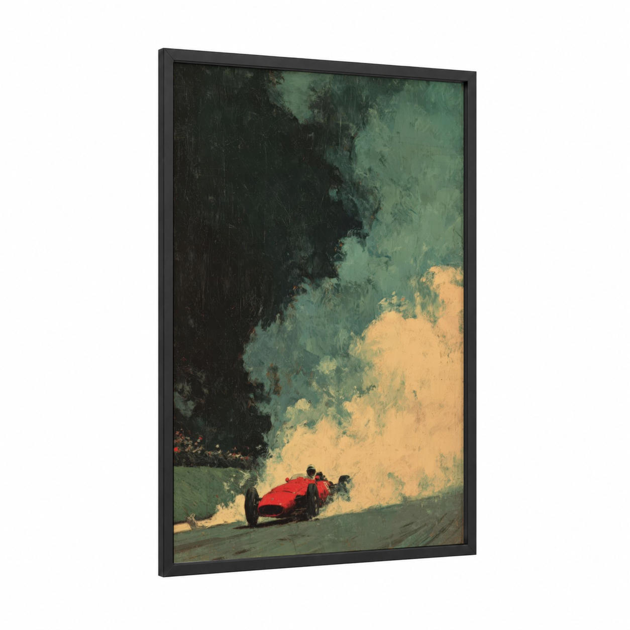 Crimson Mountain Racer framed auto racing print — black wood frame — dark green and gold and white palette