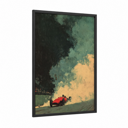 Crimson Mountain Racer framed auto racing print — black wood frame — dark green and gold and white palette