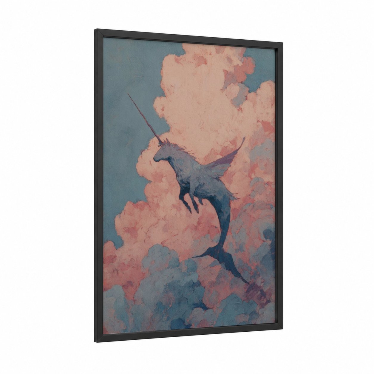 Cloud Chimera framed art print — black wood frame — peach and teal palette